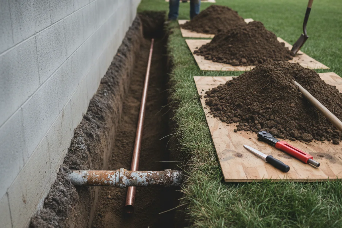 Excavated water line trench during Sewer Line Repair in Los Angeles